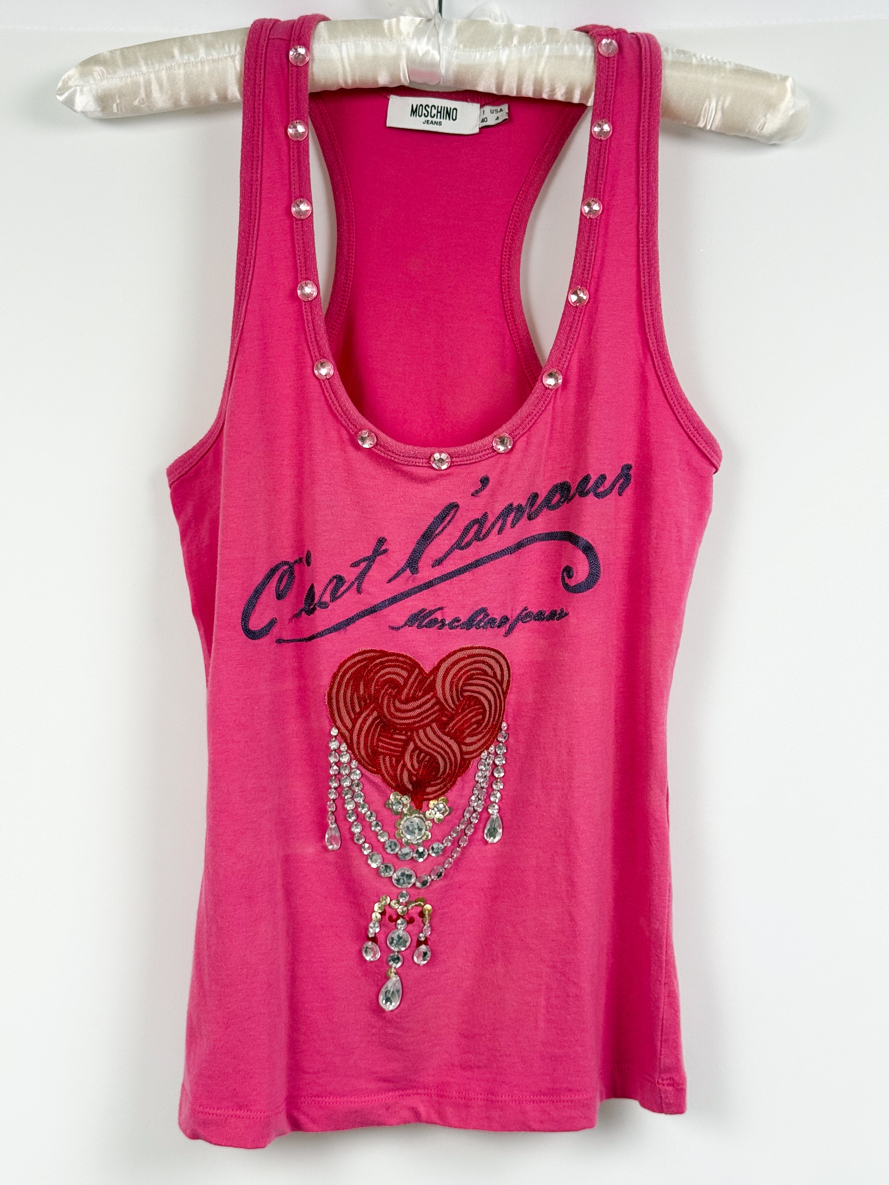 Moschino Jeans 2000s Pink "C'est L'Amour" Crystal Heart Graphic Racerback Tank - S