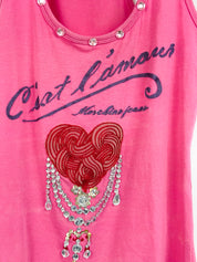 Moschino Jeans 2000s Pink "C'est L'Amour" Crystal Heart Graphic Racerback Tank - S