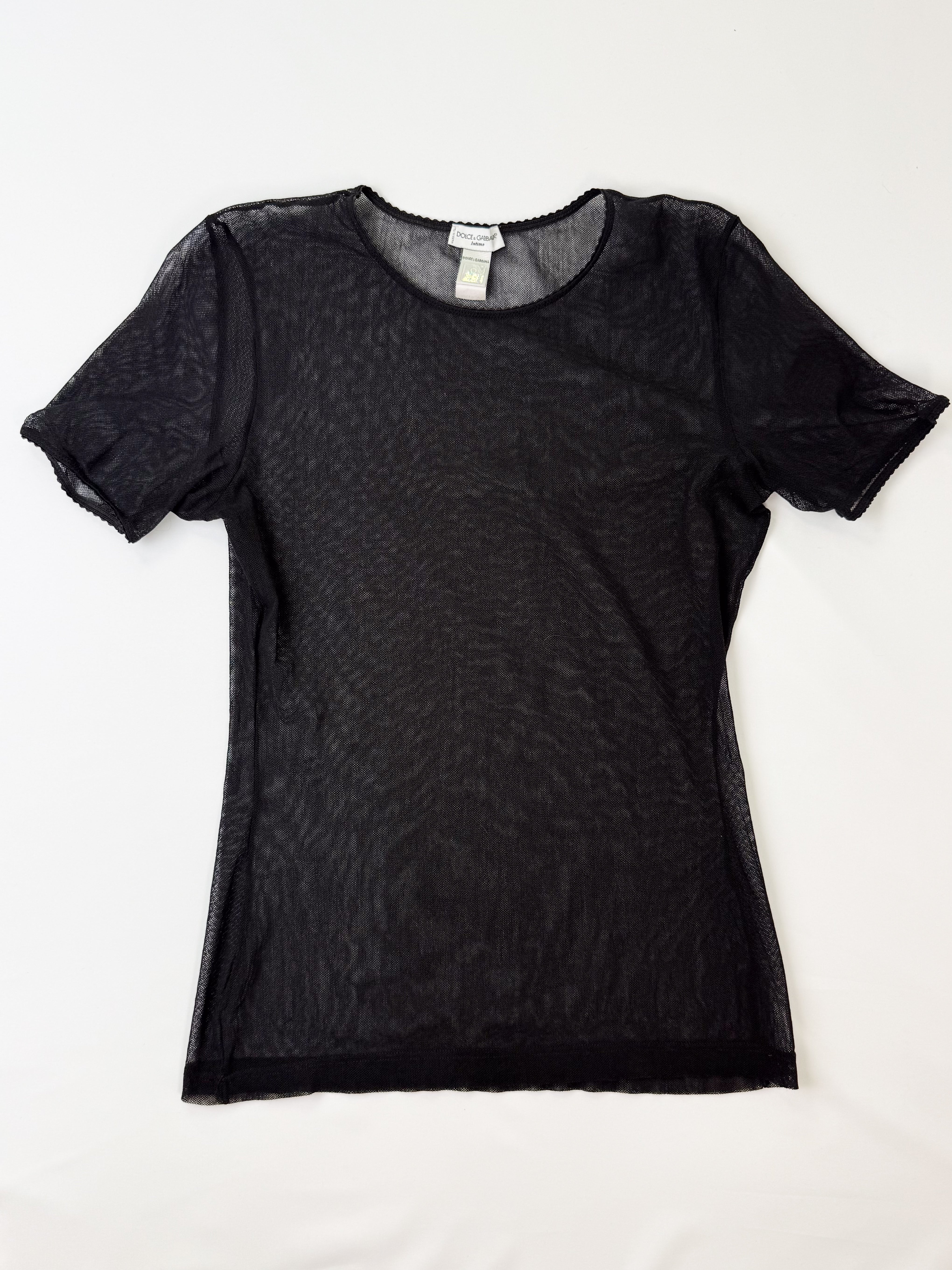 D&G Dolce & Gabbana Intimo 1990s Black Sheer Mesh Scallop Trim Tee - S/M
