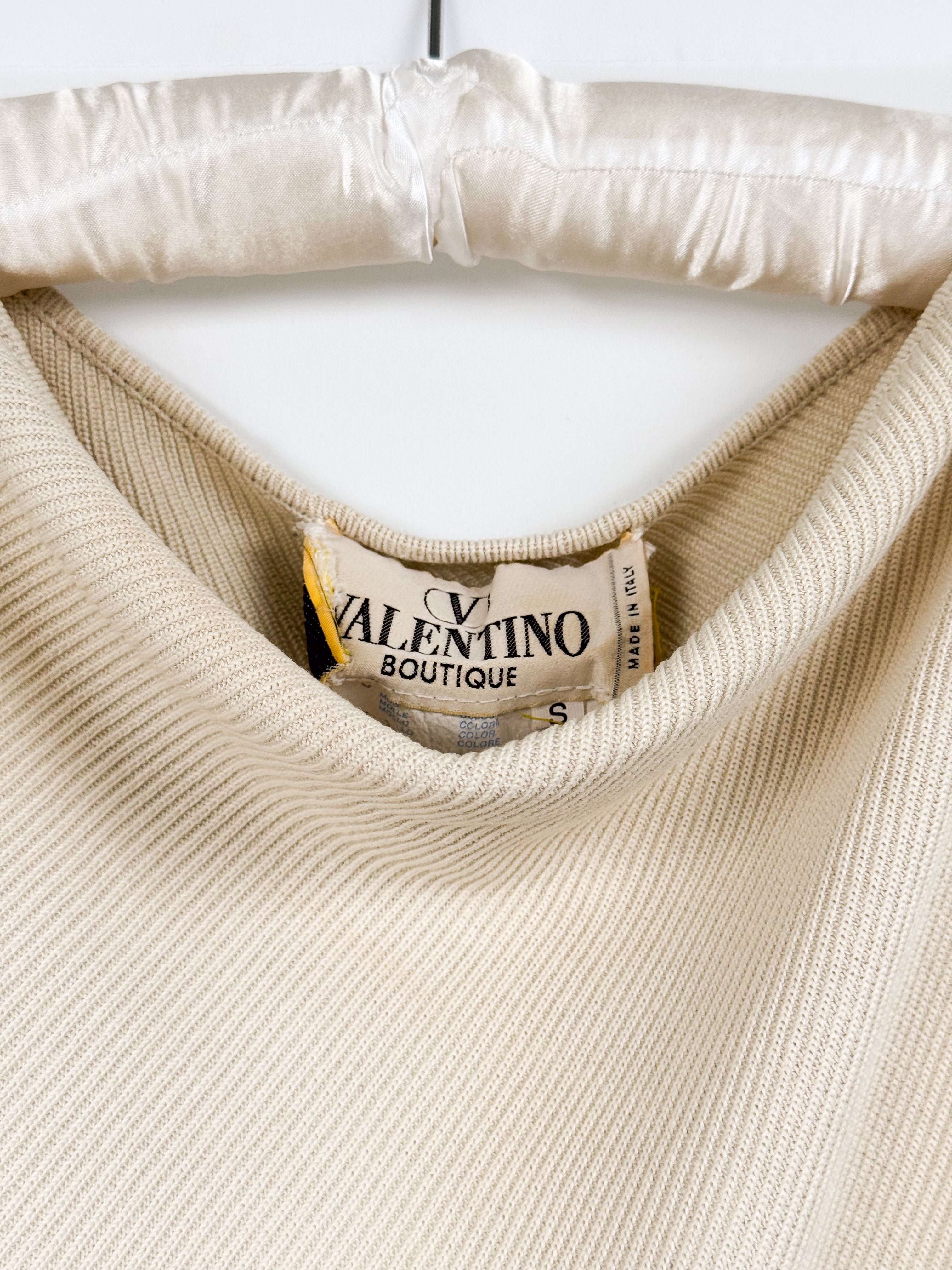 Valentino Boutique 1990s Cream Ribbed Knit Asymmetric Cowl Neck Tank - S