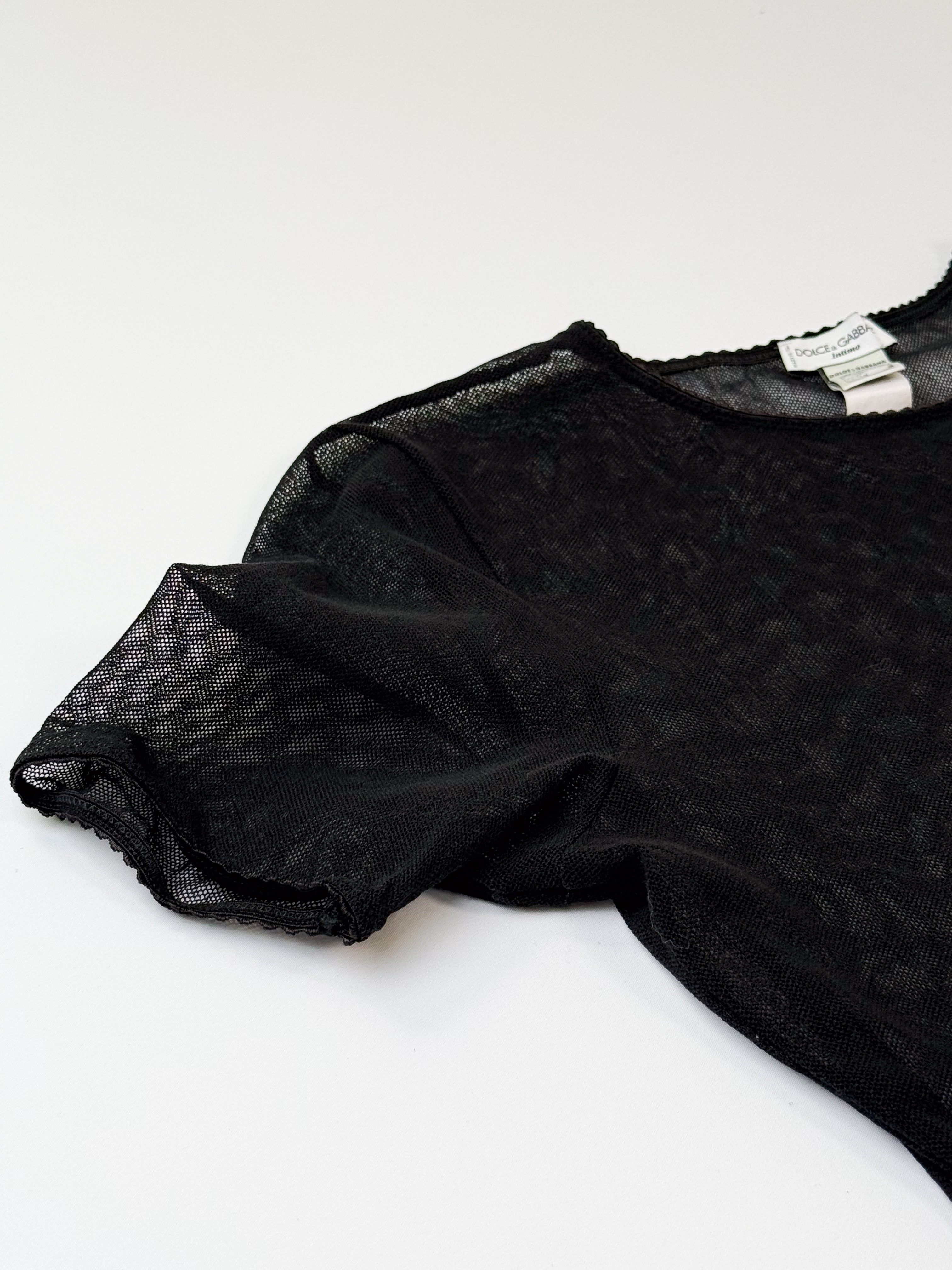 D&G Dolce & Gabbana Intimo 1990s Black Sheer Mesh Scallop Trim Tee - S/M