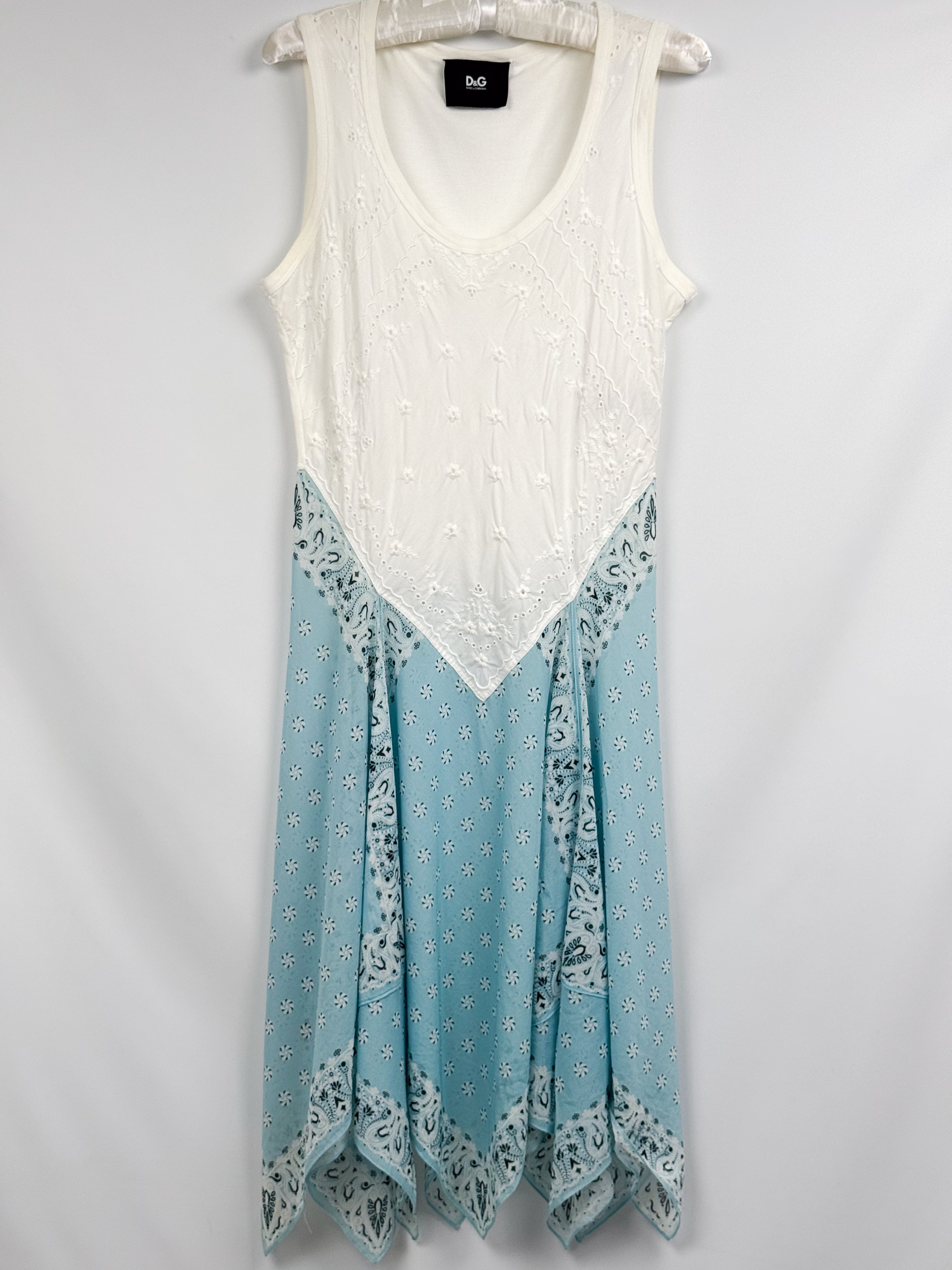 D&G Dolce & Gabbana 2000s White Eyelet Blue Bandana Print Midi Dress - M