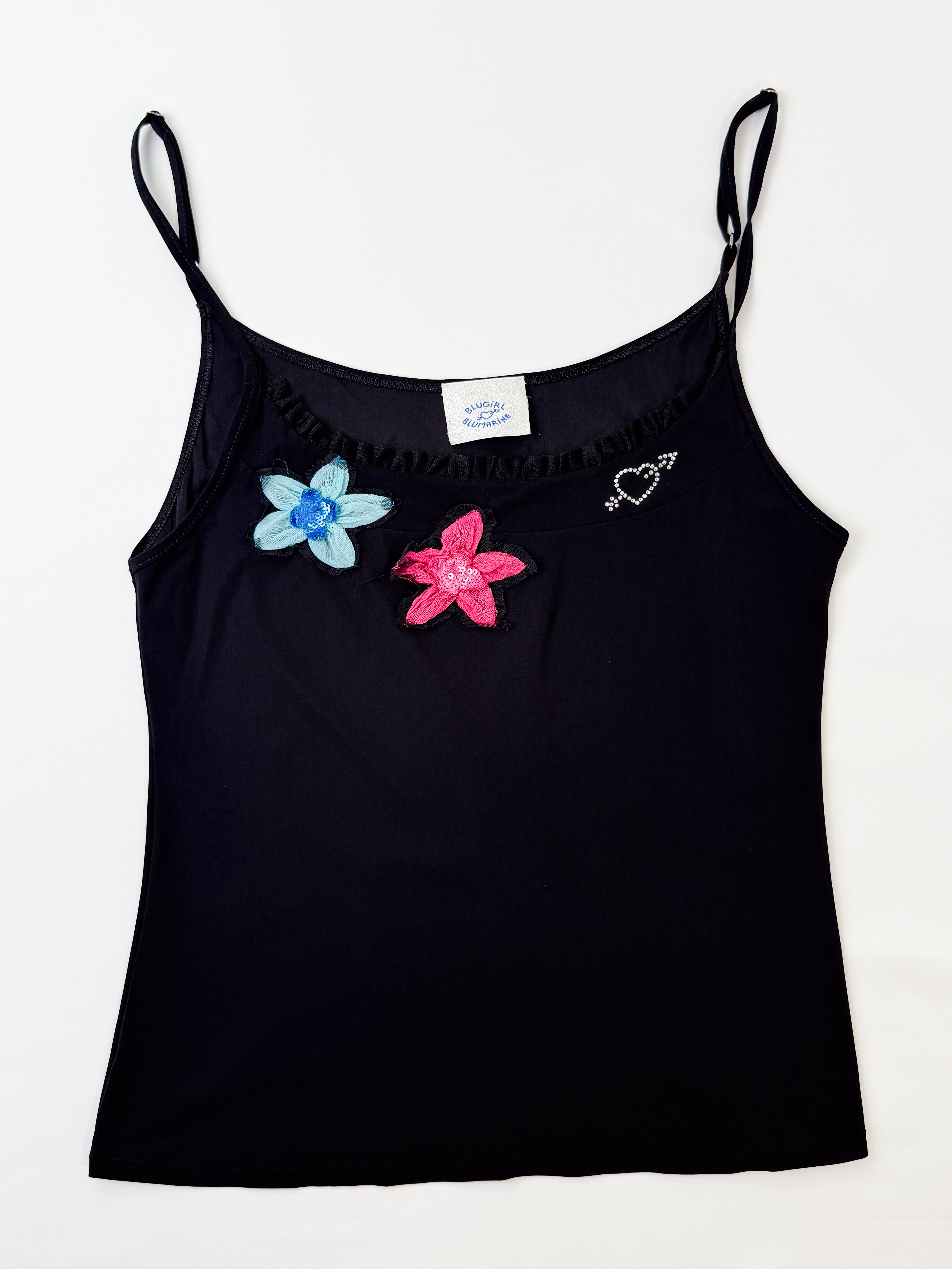 Blugirl Blumarine 2000s Black Floral Appliqué Rhinestone Cami - S/M