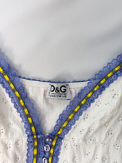 D&G Dolce & Gabbana 2000s White Eyelet Blue Lace Trim Cami - S