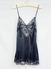 La Perla 2000s Muted Blue Satin Deep V Lace Slip Mini Dress - M