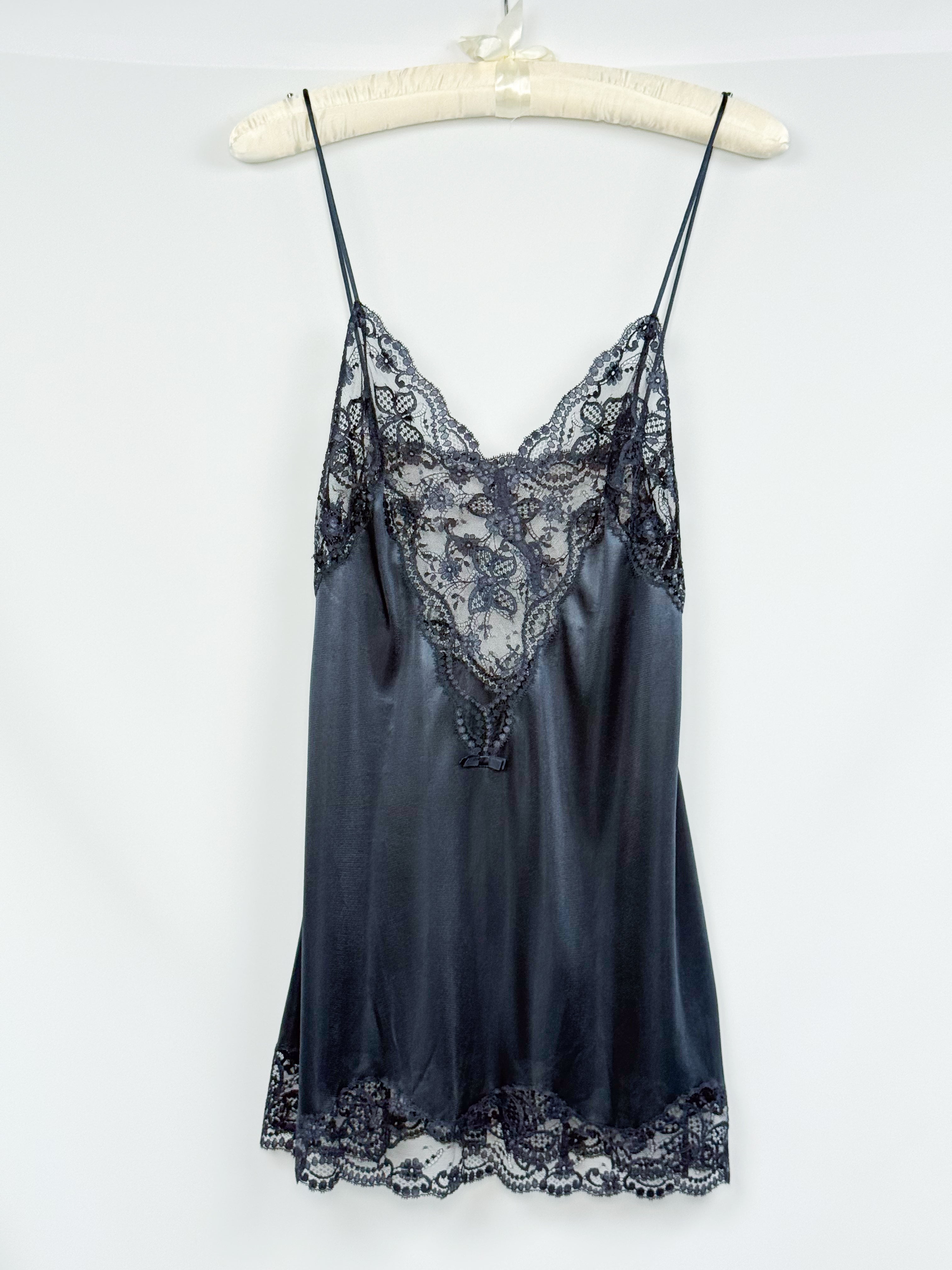 La Perla 2000s Muted Blue Satin Deep V Lace Slip Mini Dress - M