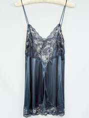 La Perla 2000s Muted Blue Satin Deep V Lace Slip Mini Dress - M