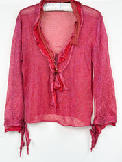 Roberto Cavalli 2000s Red Iridescent Metallic Knit Ruffle Tie-Front Top - L