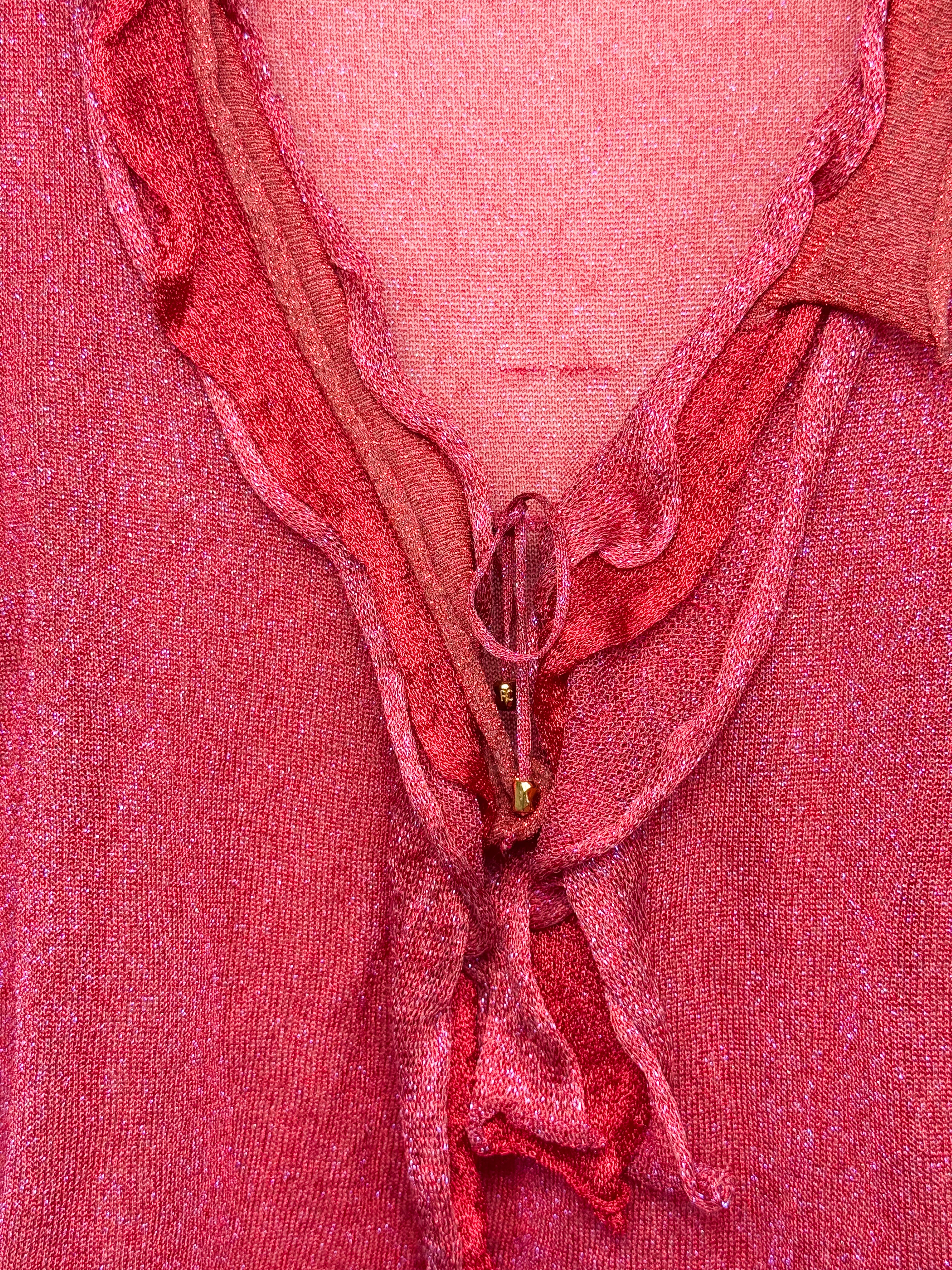 Roberto Cavalli 2000s Red Iridescent Metallic Knit Ruffle Tie-Front Top - L