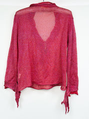 Roberto Cavalli 2000s Red Iridescent Metallic Knit Ruffle Tie-Front Top - L