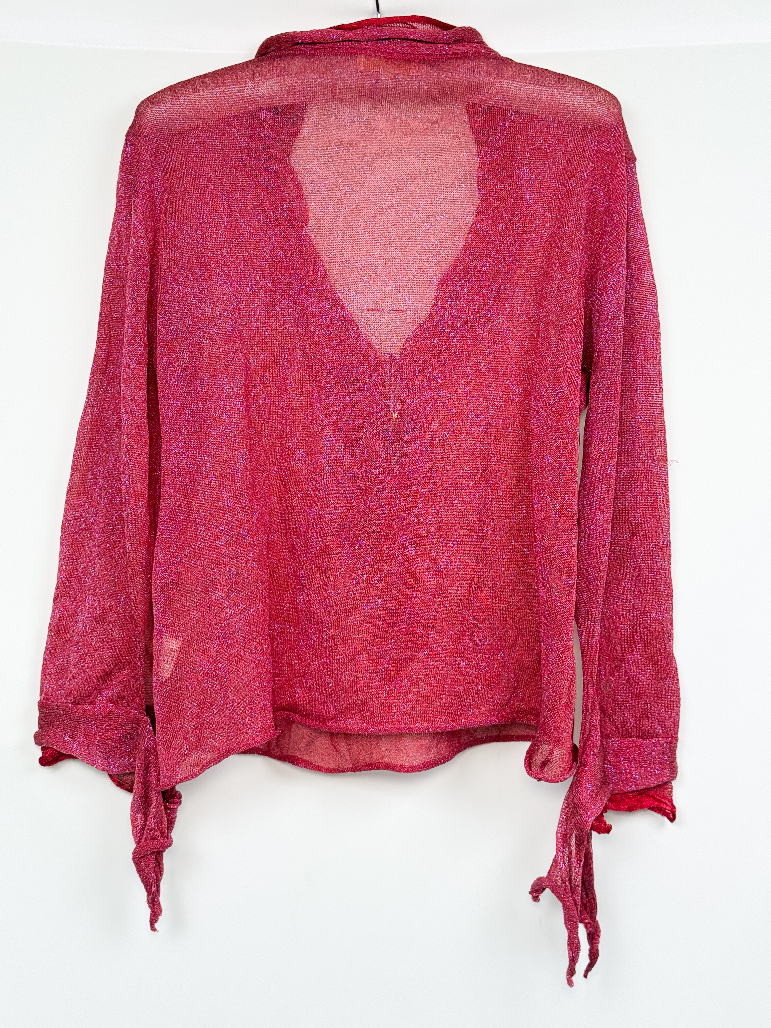 Roberto Cavalli 2000s Red Iridescent Metallic Knit Ruffle Tie-Front Top - L