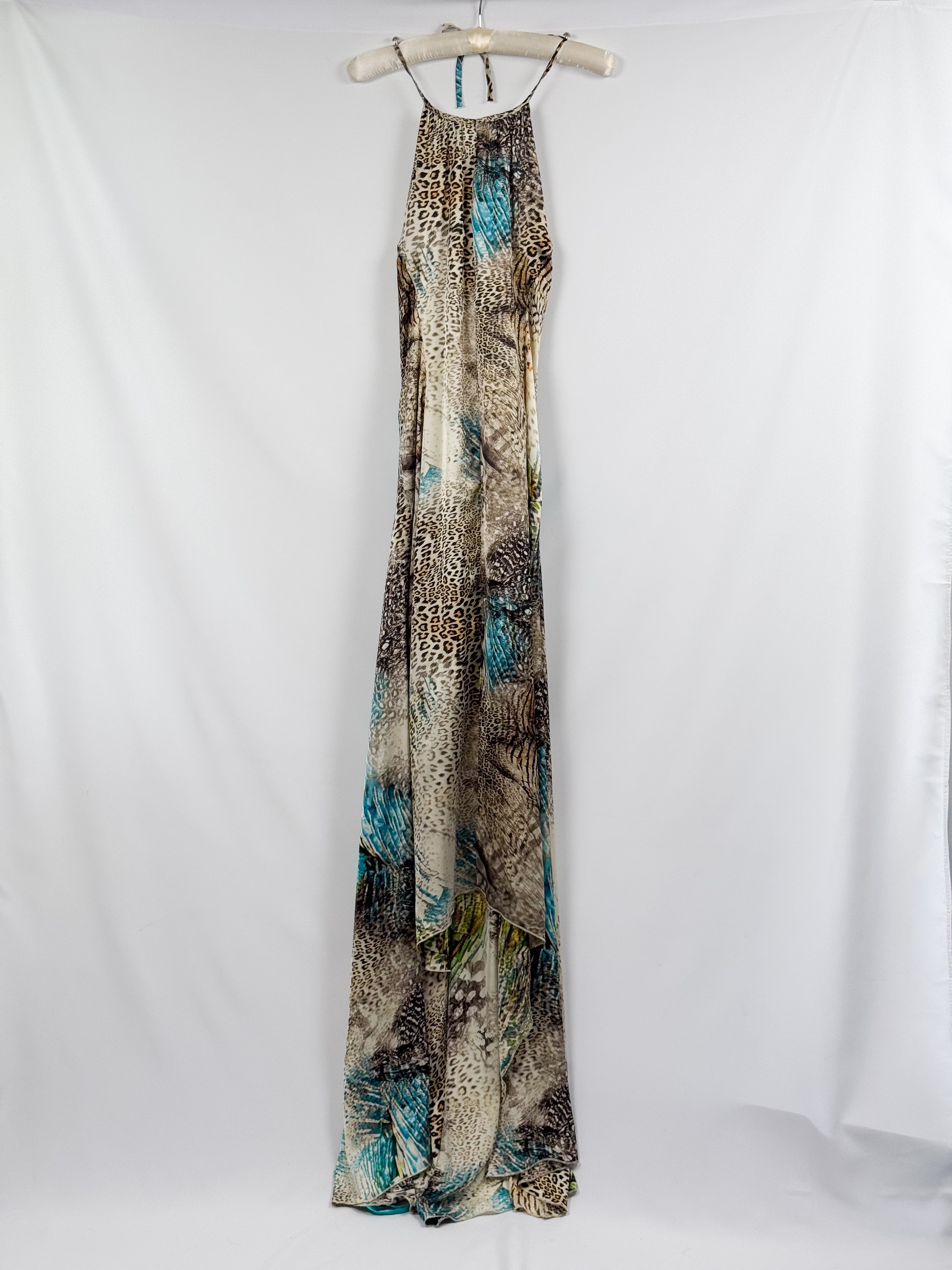 Giorgio Ajutanti 2000s Leopard & Feather Mixed Print Halter Maxi Dress - M/L