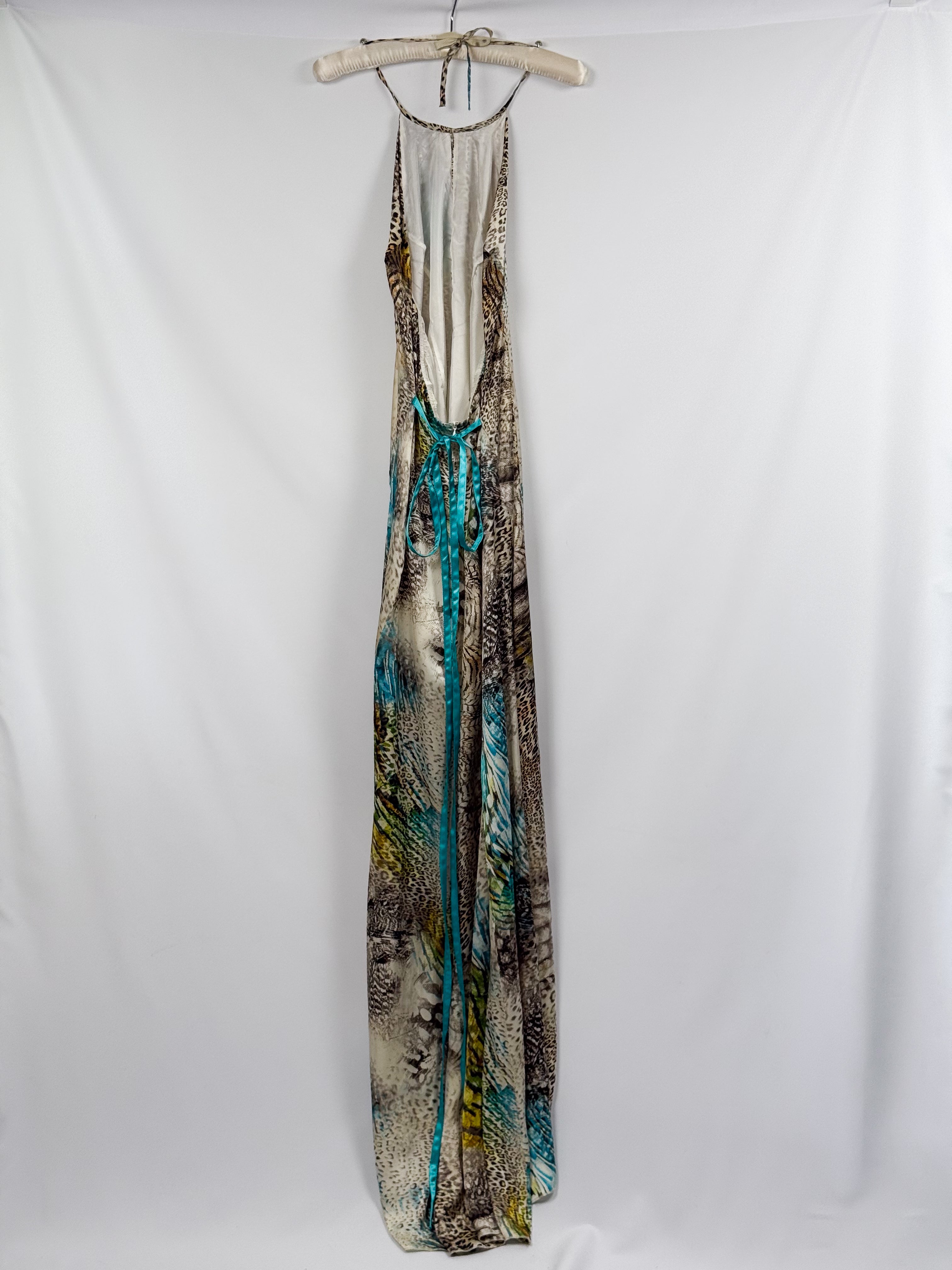 Giorgio Ajutanti 2000s Leopard & Feather Mixed Print Halter Maxi Dress - M/L