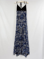 Miss Money Money 2000s Blue Majolica Print Beaded Halter Maxi Dress - S/M