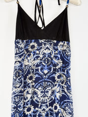 Miss Money Money 2000s Blue Majolica Print Beaded Halter Maxi Dress - S/M