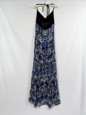 Miss Money Money 2000s Blue Majolica Print Beaded Halter Maxi Dress - S/M