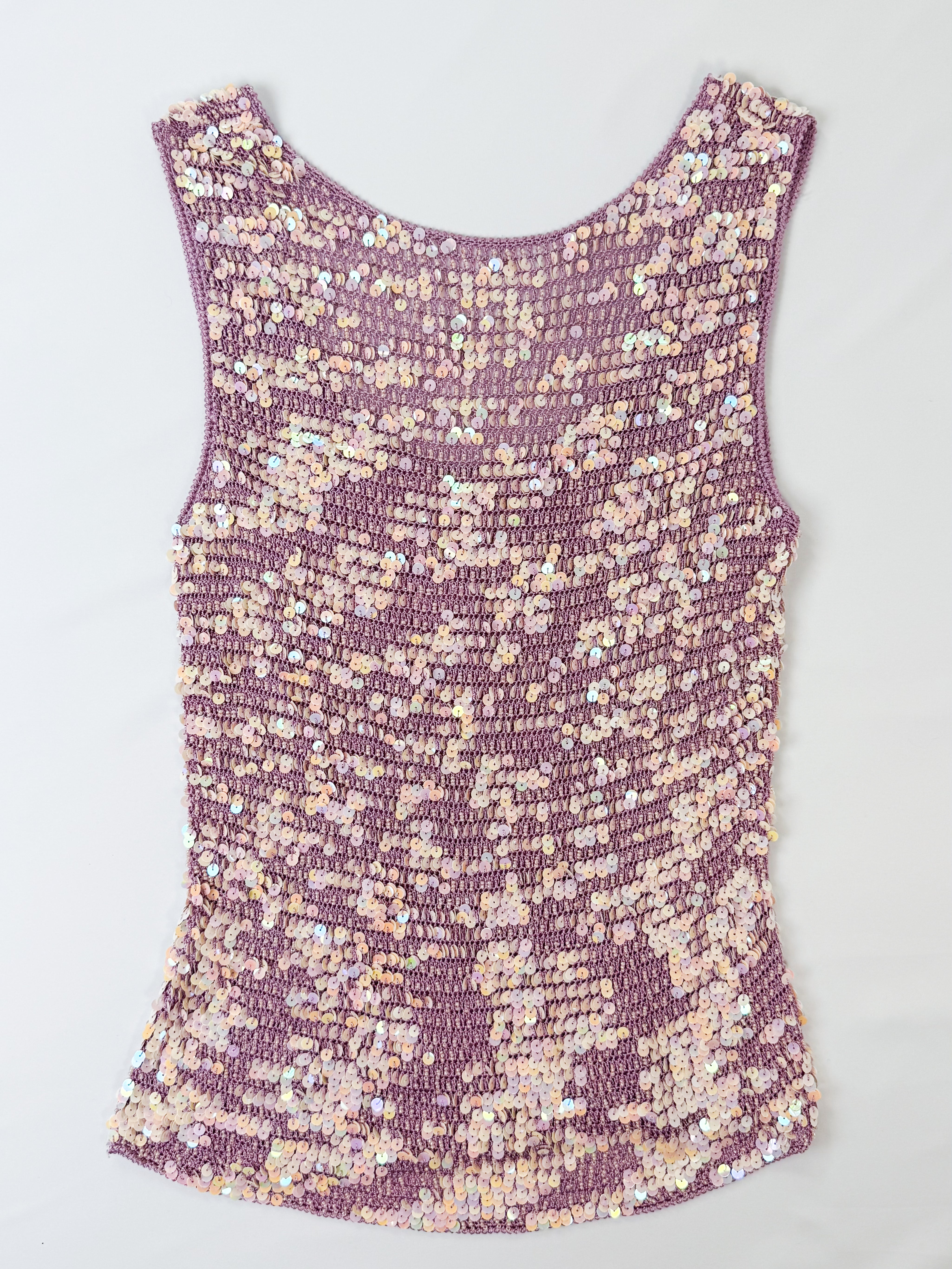 1990s Mauve Iridescent Sequin Crochet Tank - M/L