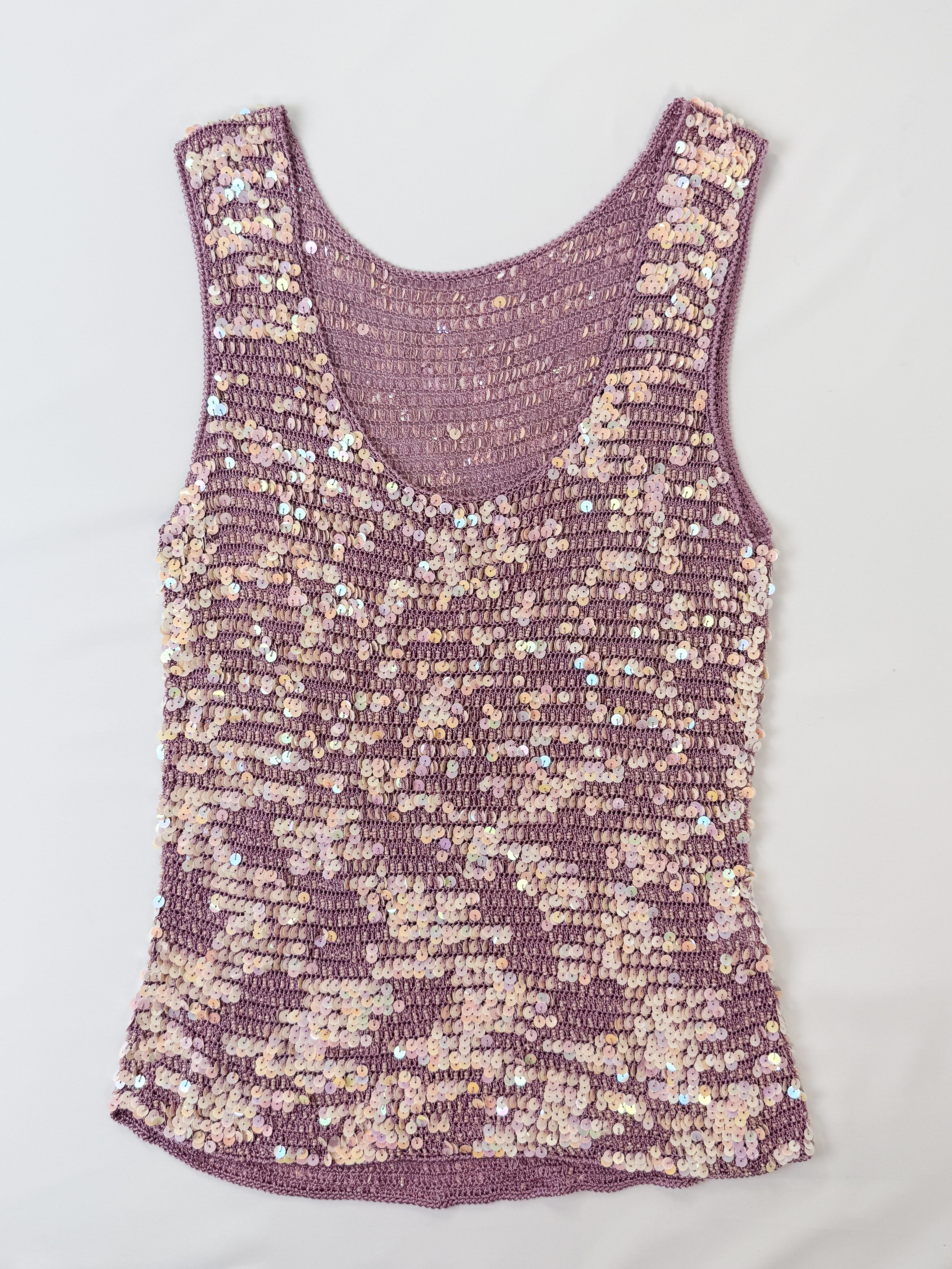 1990s Mauve Iridescent Sequin Crochet Tank - M/L