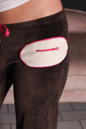 Miss Sixty 2000s Brown Velour Flare Pants with Pink Trim