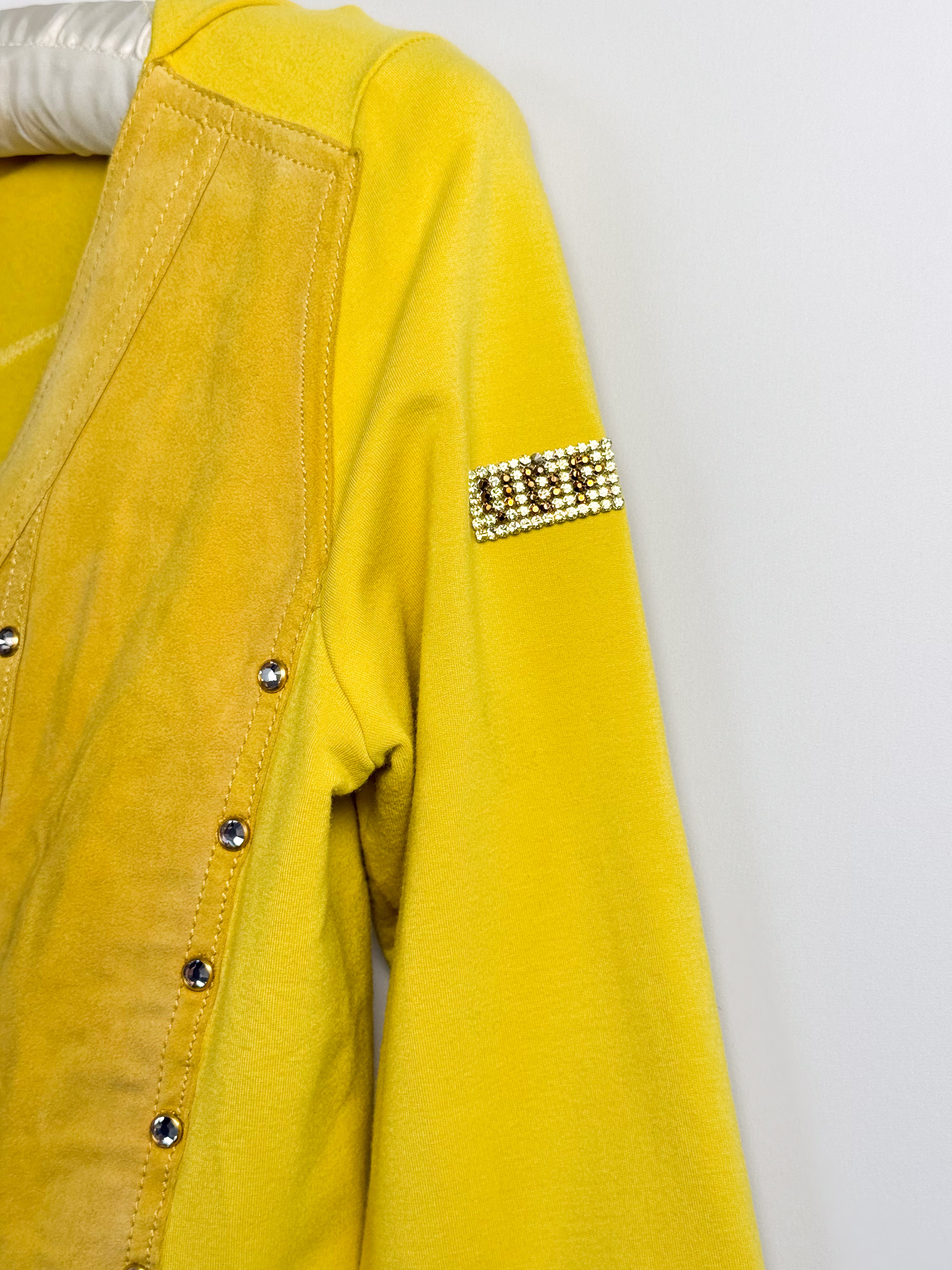 VDP Club 2000s Yellow Suede Panel Rhinestone Studded Hooded Jacket - S/M