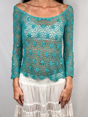 2000s Italian Turquoise Sequin Crochet Top - S/M