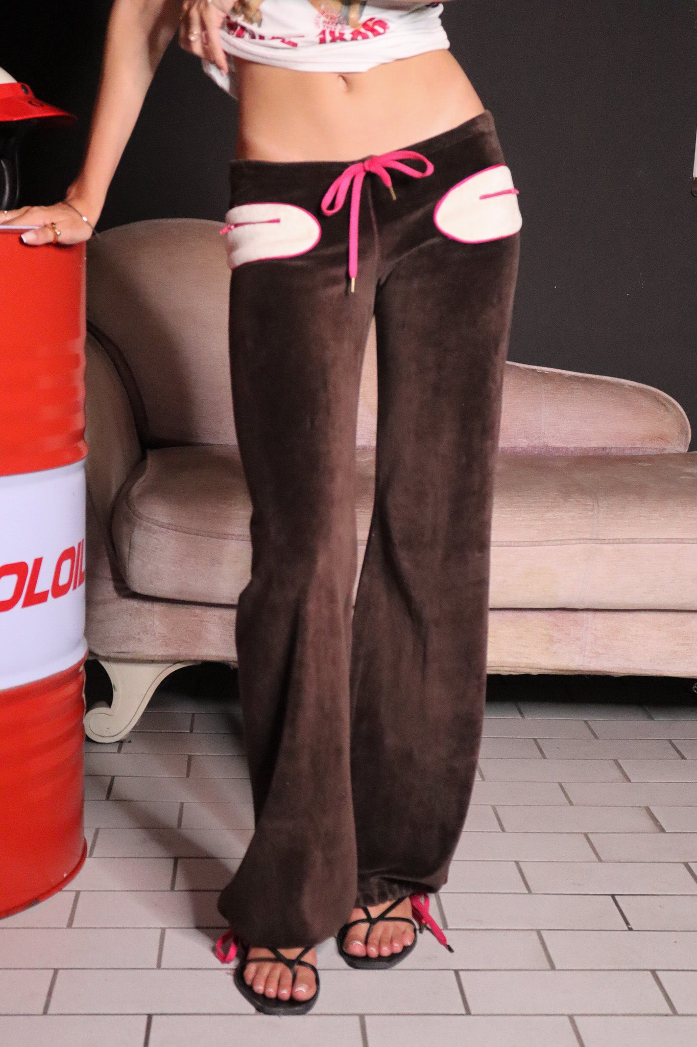 Miss Sixty 2000s Brown Velour Flare Pants with Pink Trim