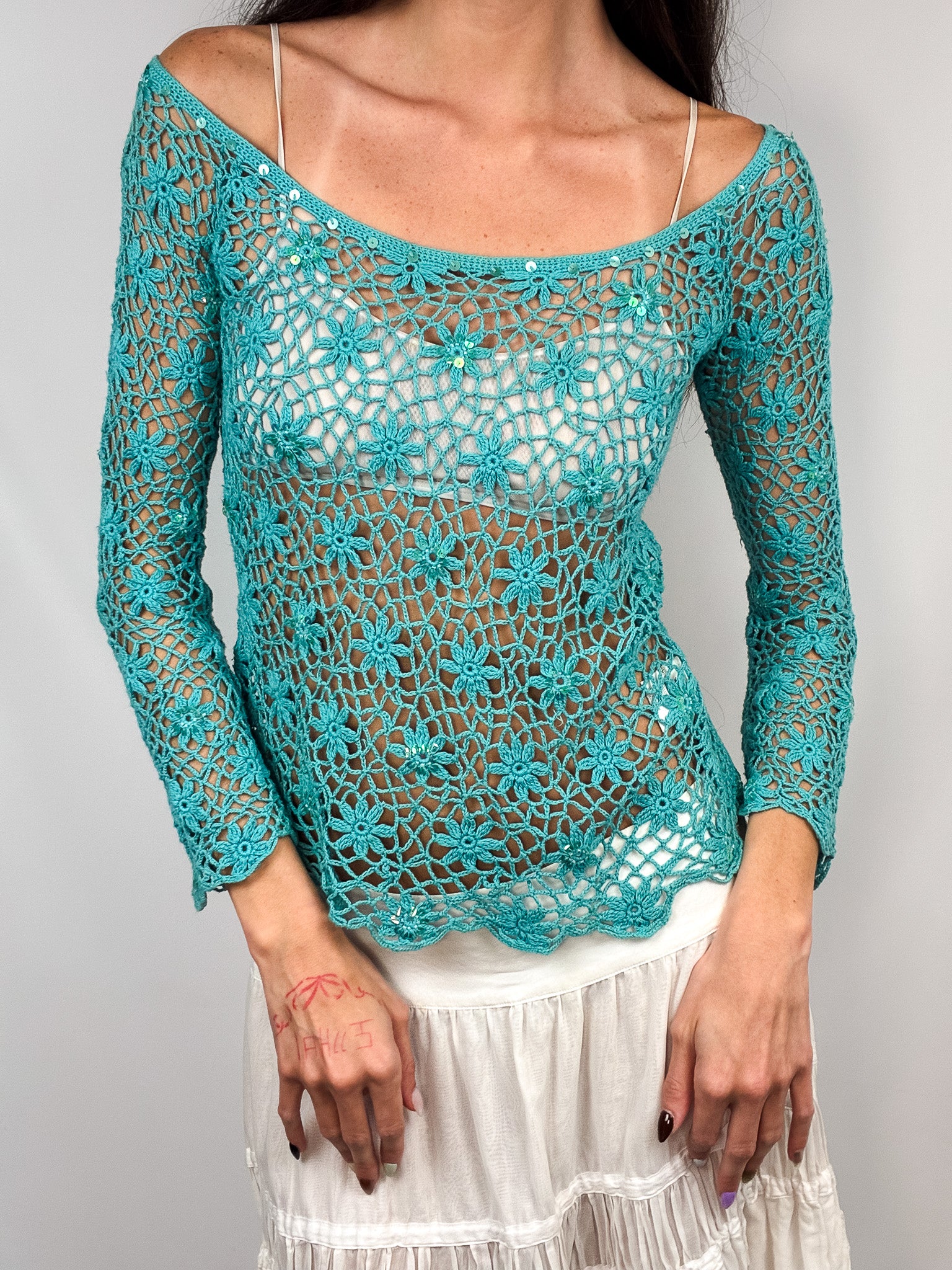 2000s Italian Turquoise Sequin Crochet Top - S/M