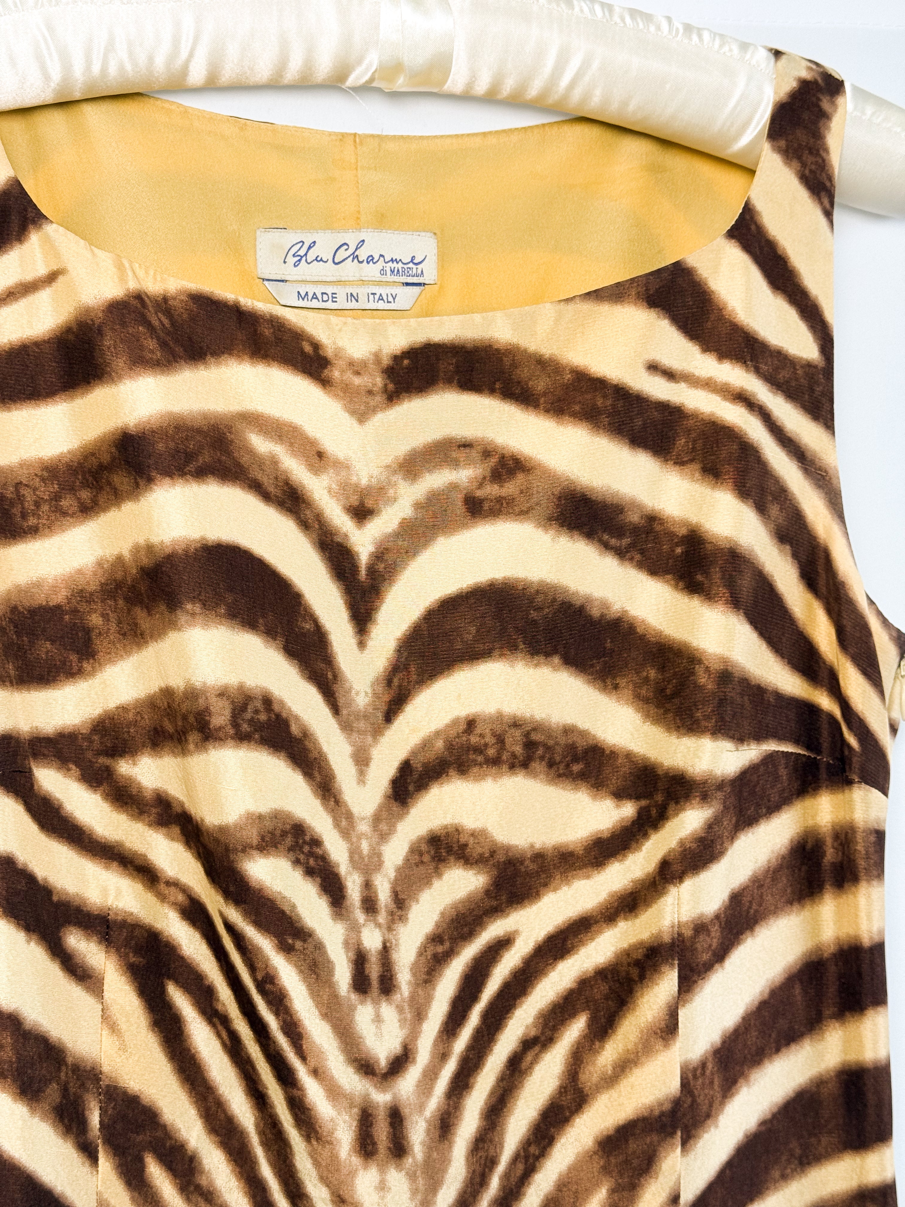 Blu Charme di Marella 2000s Brown Mirrored Zebra Silk Shift Mini Dress - S/M