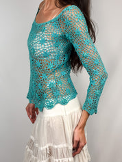 2000s Italian Turquoise Sequin Crochet Top - S/M