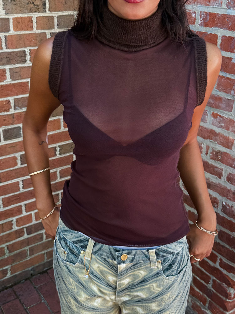 Jean Paul Gaultier Maille 2000s Brown Wool-Trim Mesh Top