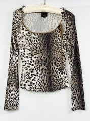 Just Cavalli 2000s Snow Leopard Print Gold-Trim Stretch Top - S