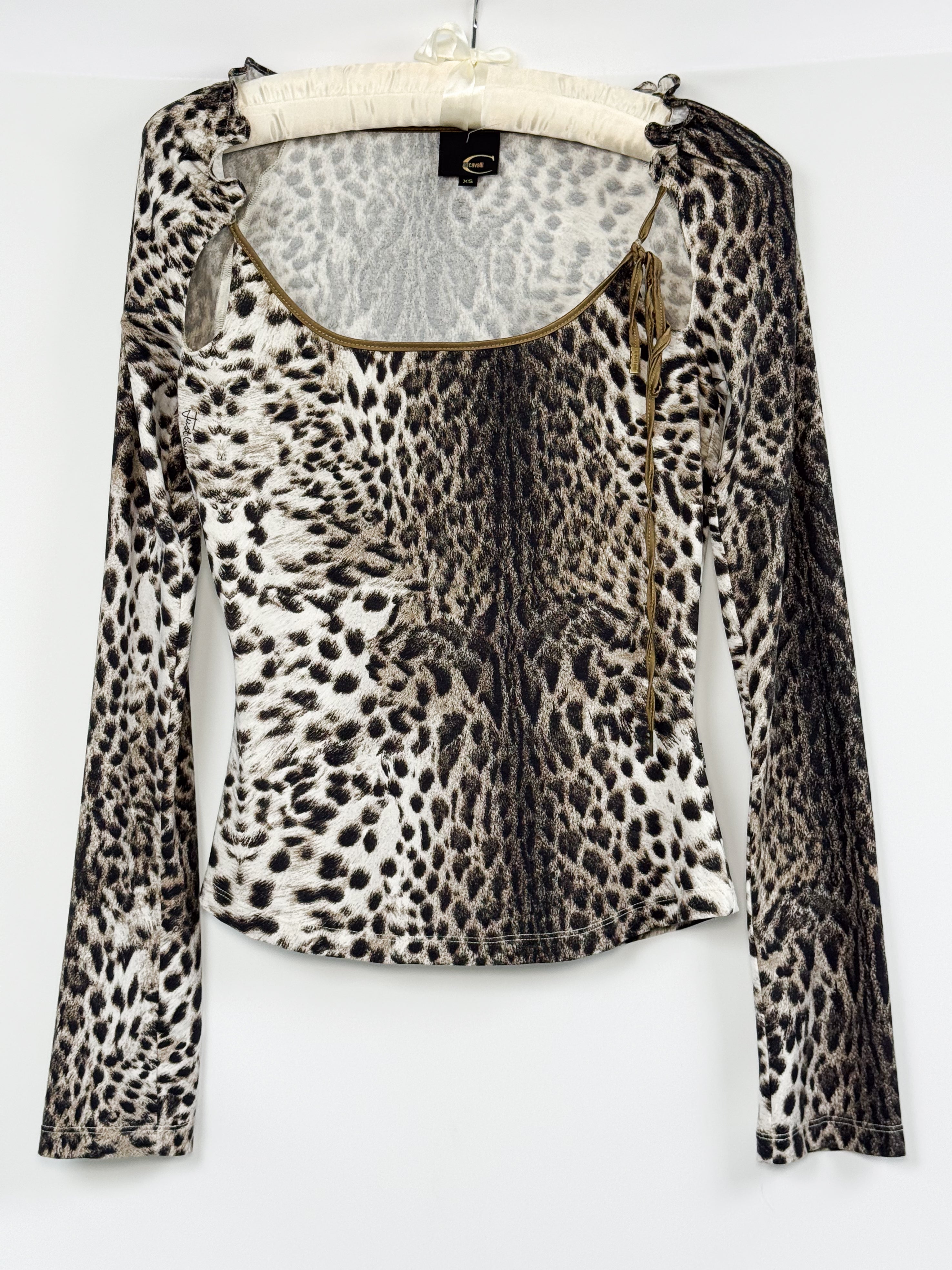 Just Cavalli 2000s Snow Leopard Print Gold-Trim Stretch Top - S