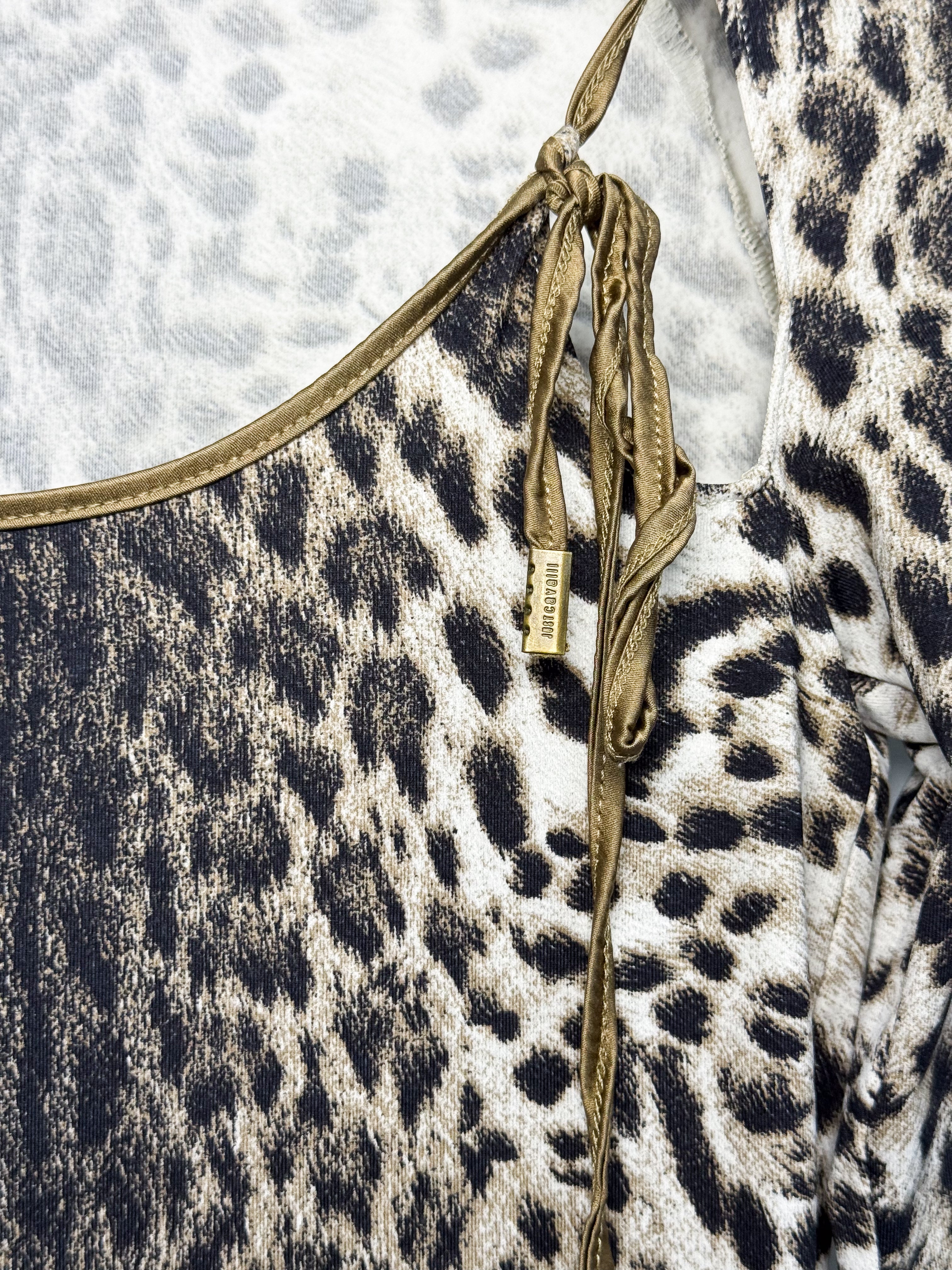 Just Cavalli 2000s Snow Leopard Print Gold-Trim Stretch Top - S