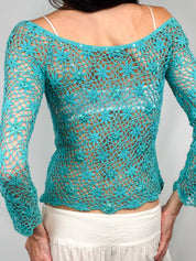 2000s Italian Turquoise Sequin Crochet Top - S/M