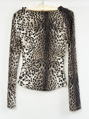 Just Cavalli 2000s Snow Leopard Print Gold-Trim Stretch Top - S