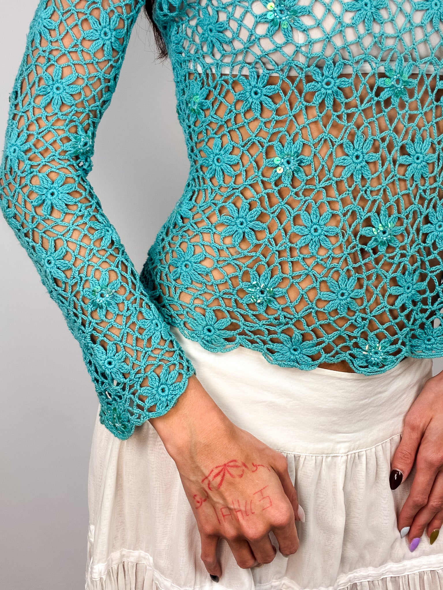 2000s Italian Turquoise Sequin Crochet Top - S/M