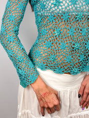 2000s Italian Turquoise Sequin Crochet Top - S/M