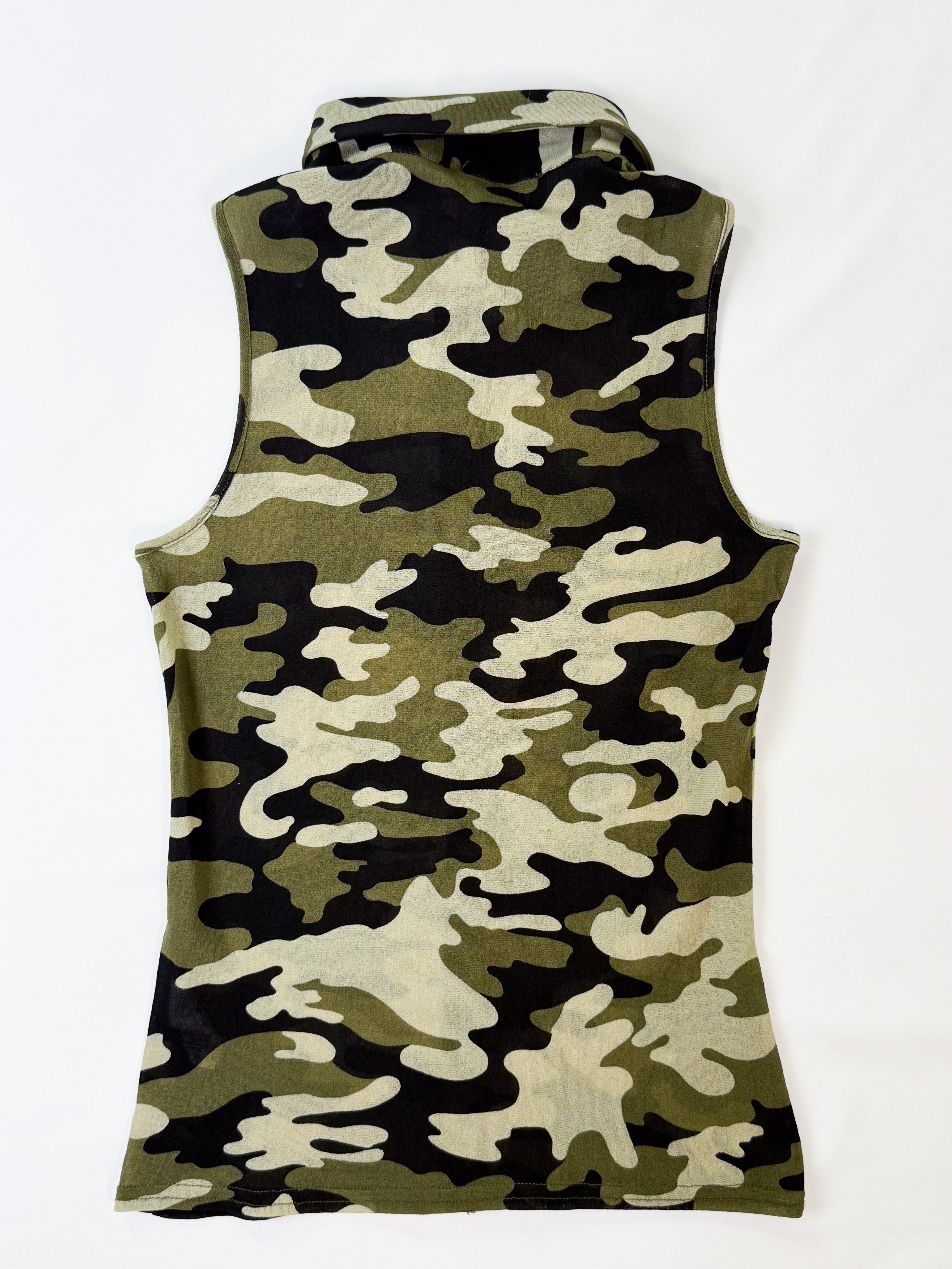 Sinéquanone Paris 2000s Camo Print Sleeveless Button-Up - S/M
