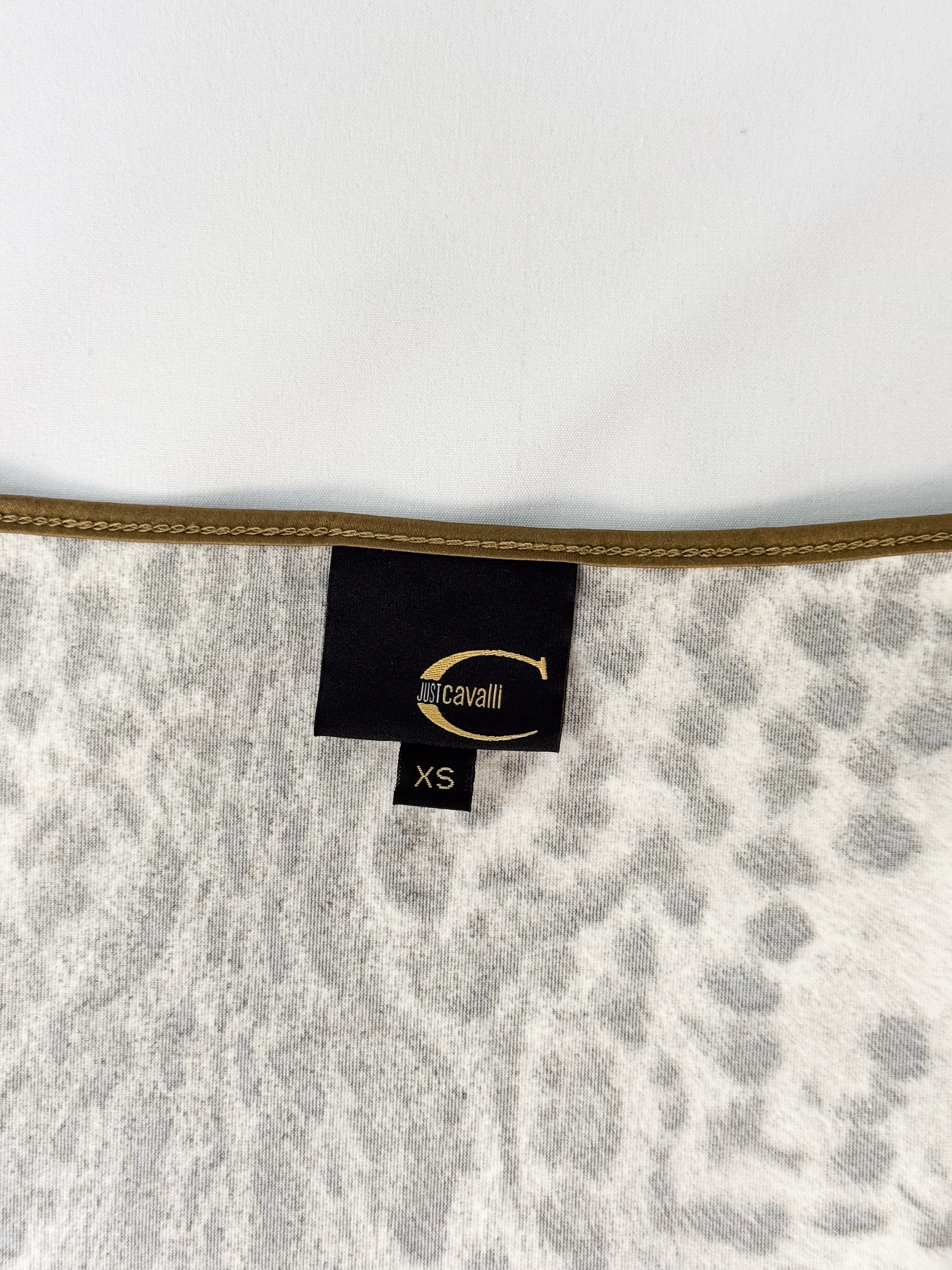 Just Cavalli 2000s Snow Leopard Print Gold-Trim Stretch Top - S