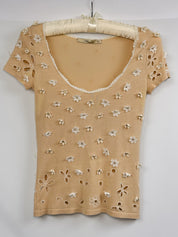 Blumarine 2000s Beige Floral Applique Eyelet Cutout Knit Top - XS/S