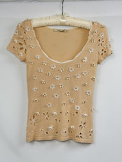 Blumarine 2000s Beige Floral Applique Eyelet Cutout Knit Top - XS/S
