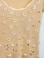 Blumarine 2000s Beige Floral Applique Eyelet Cutout Knit Top - XS/S
