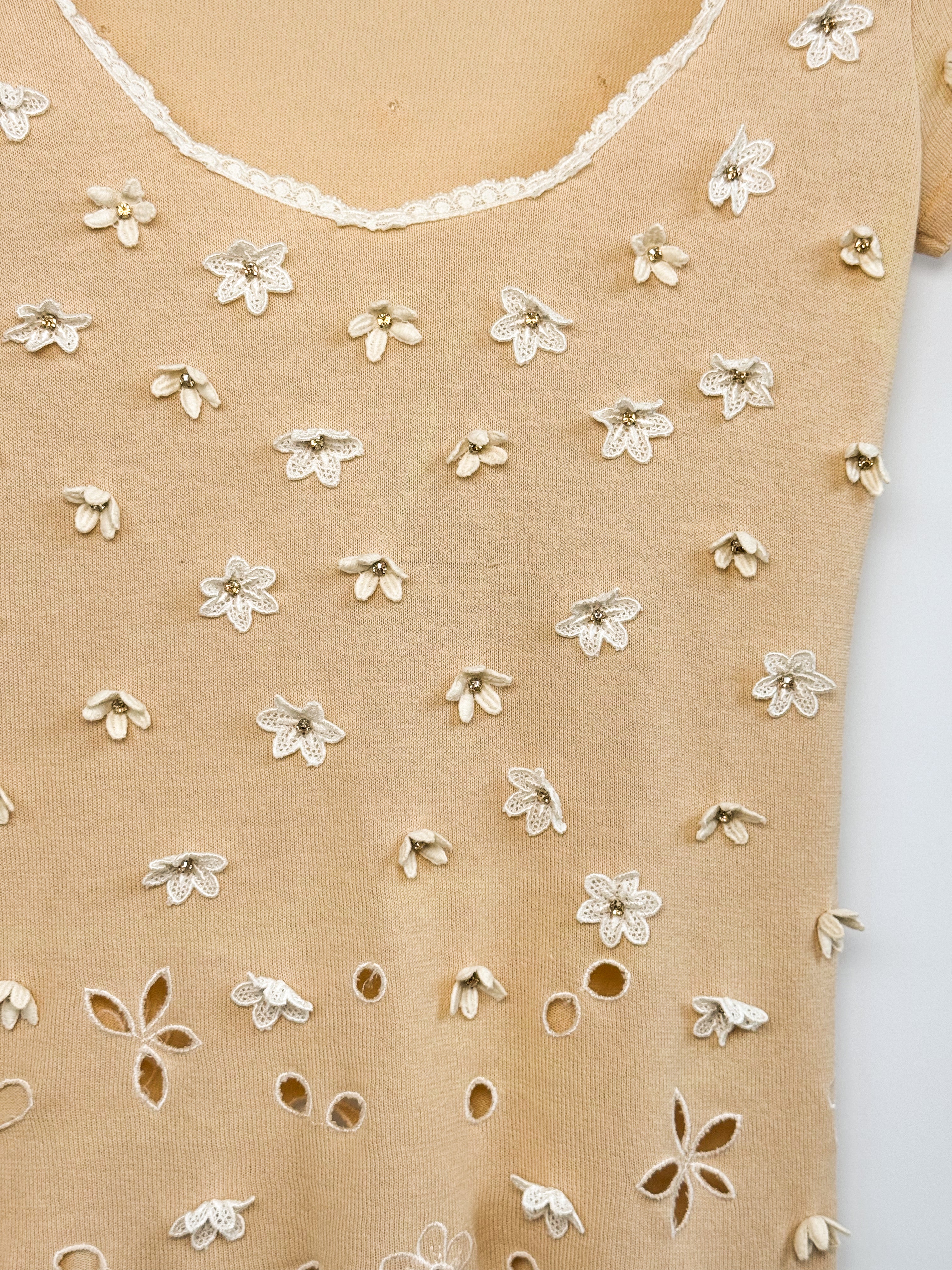 Blumarine 2000s Beige Floral Applique Eyelet Cutout Knit Top - XS/S