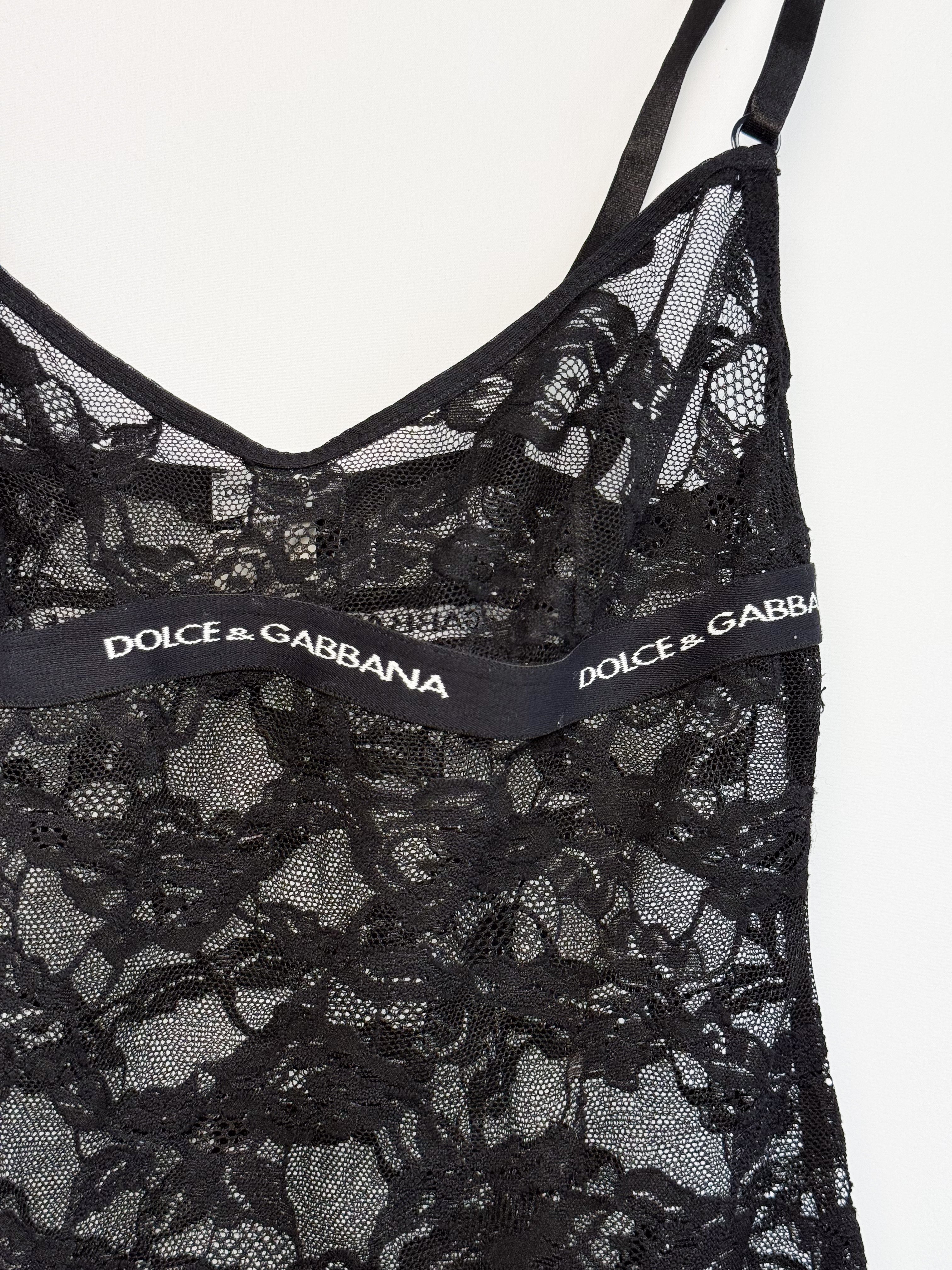 Dolce & Gabbana Underwear 2000s Black Floral Lace Logo Band Cami - S/M