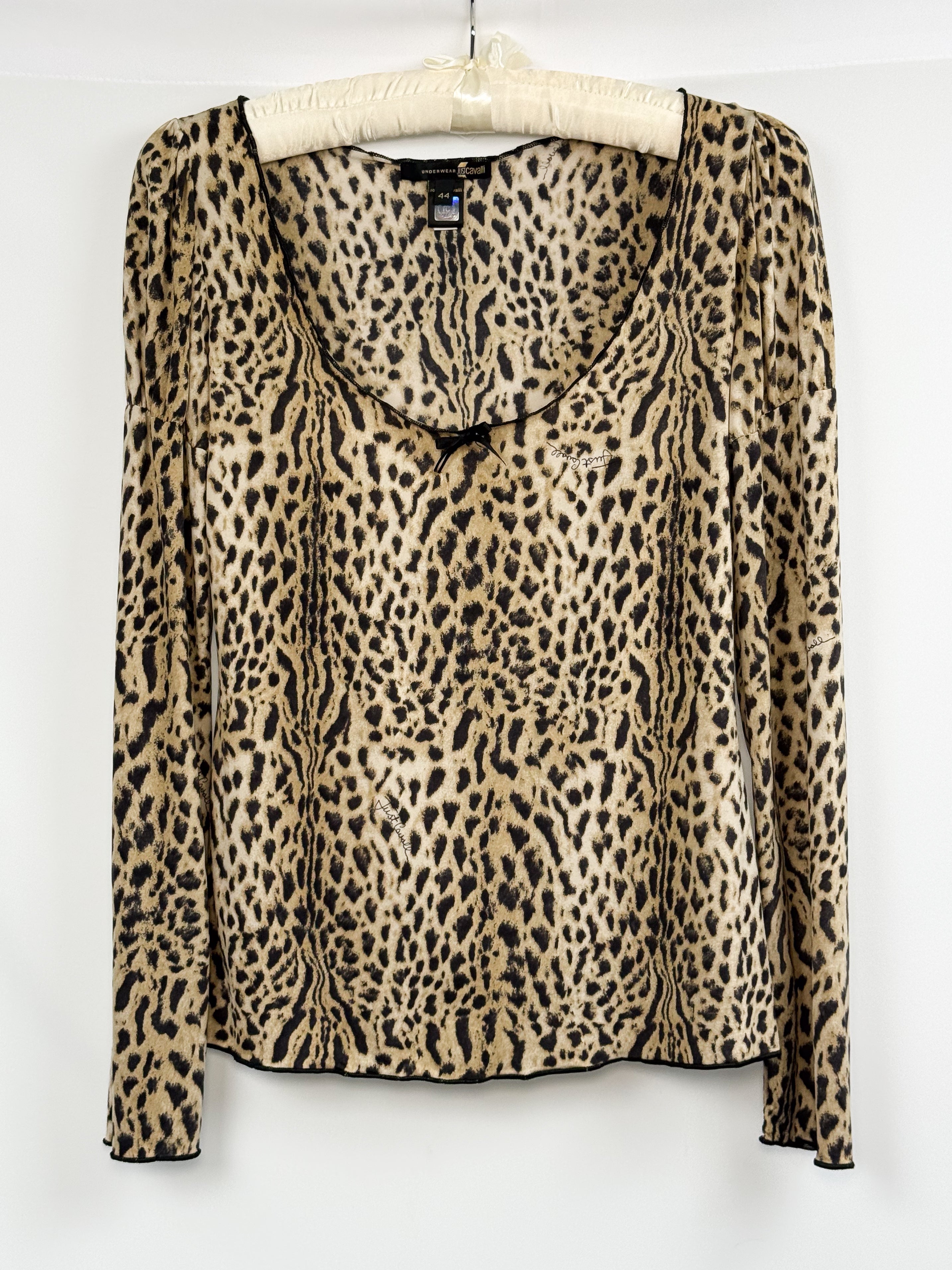 Just Cavalli 2000s Leopard Print Stretch Mesh Long Sleeve Top - S/M