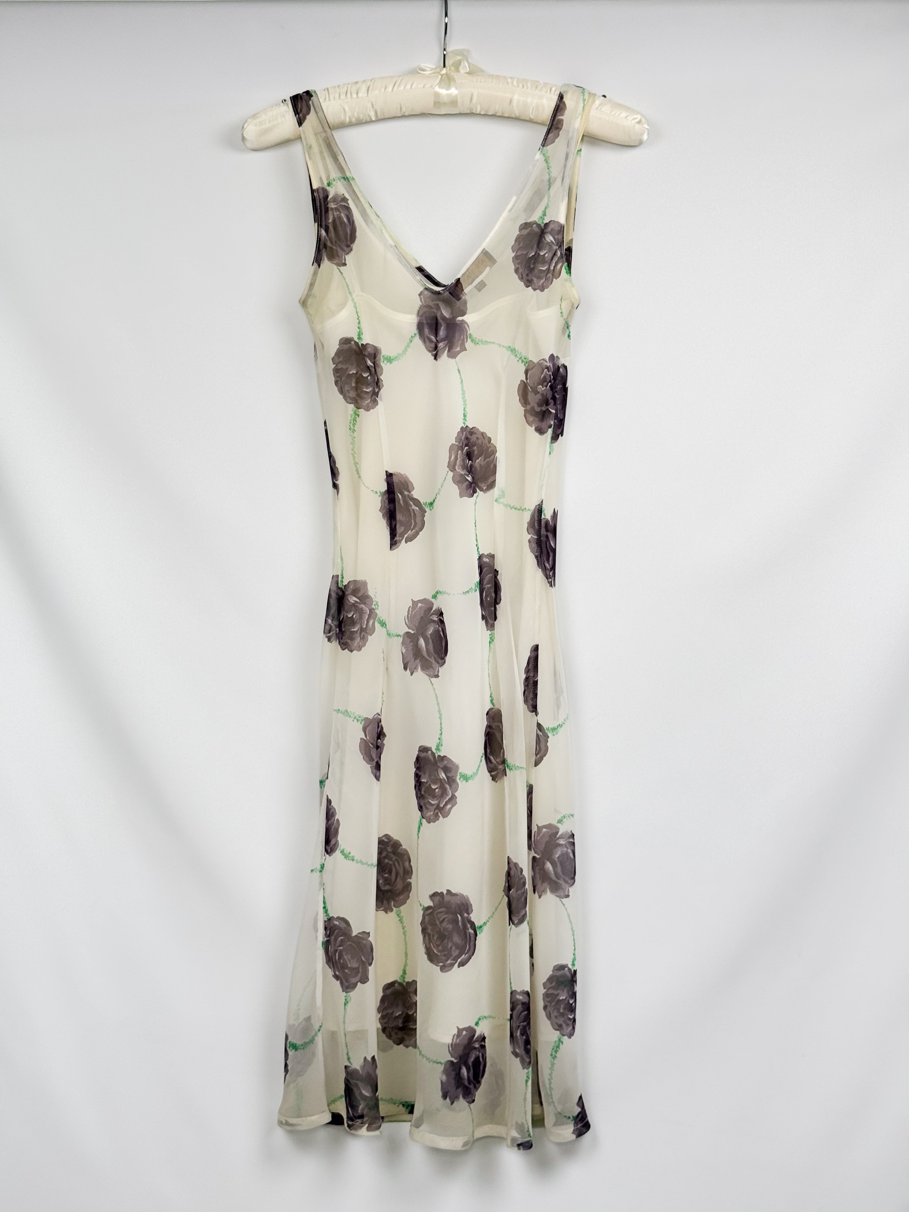 Patrizia Pepe Firenze 2000s Cream Grey Rose Print Chiffon Midi Dress - S/M