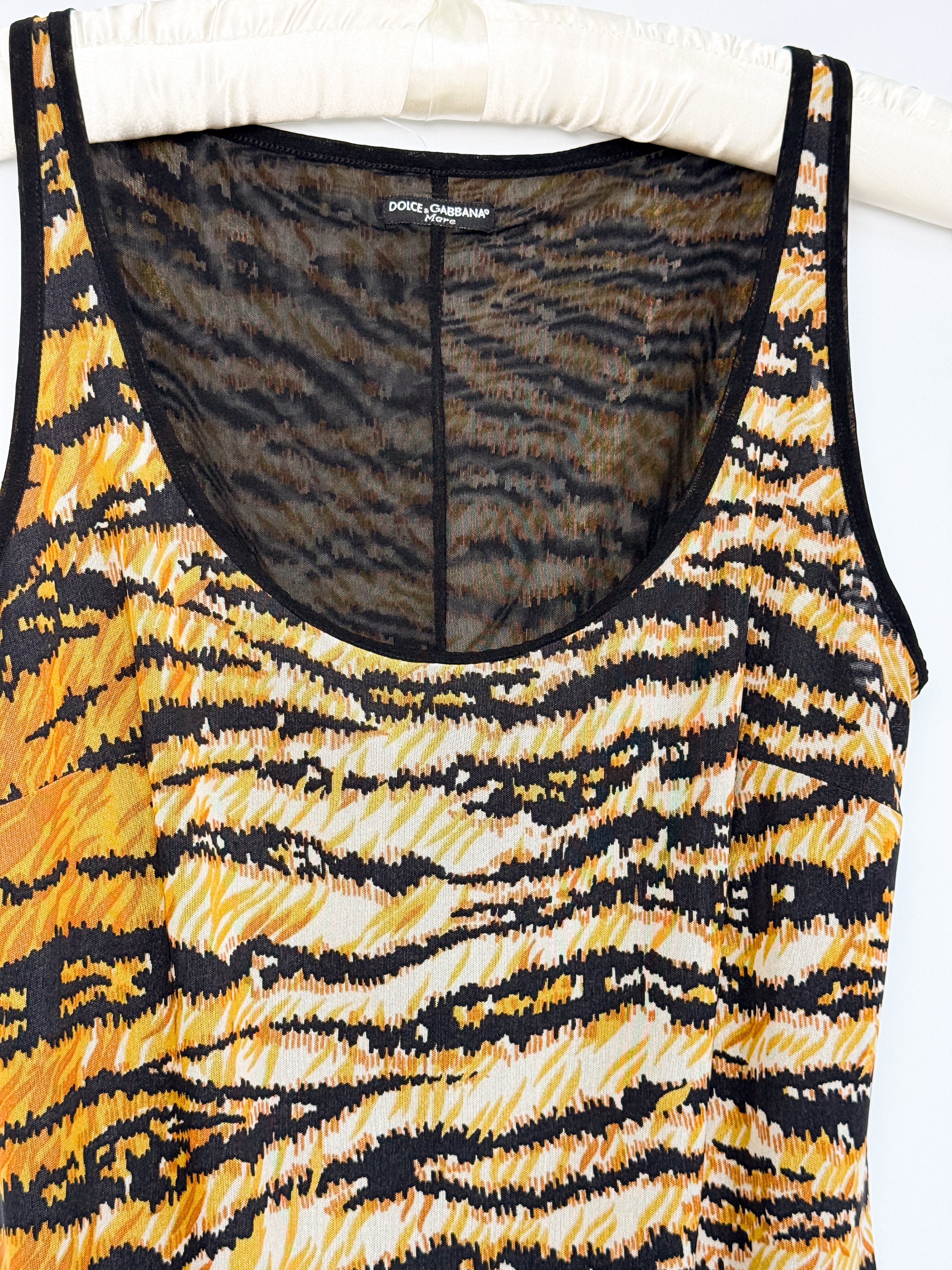 Dolce & Gabbana 2000s Mare Tiger Print Sheer Mesh Midi Dress - M
