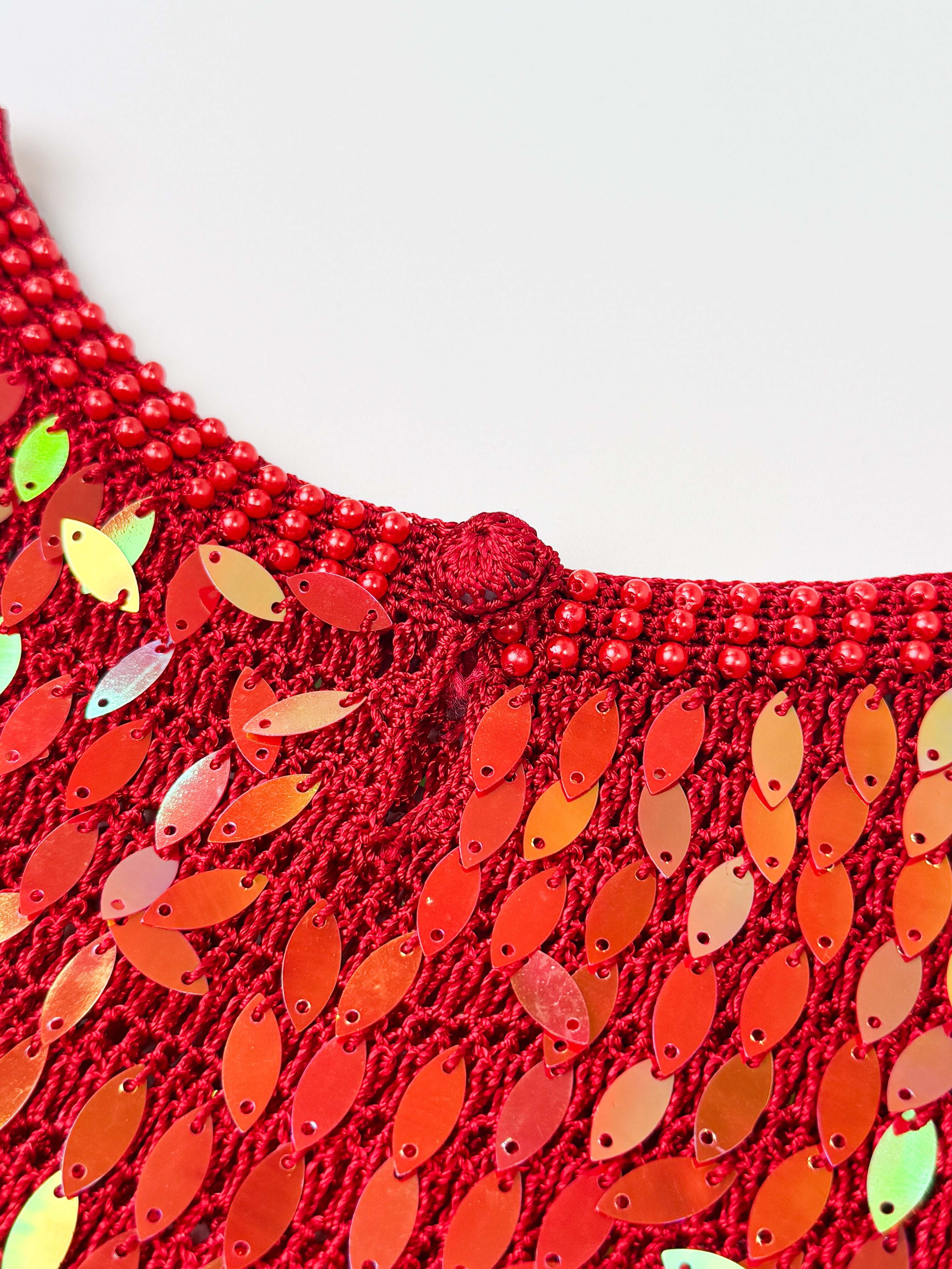 Vintage 1990s Red Iridescent Sequin Crochet Fringe Top - M/L