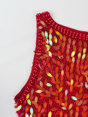 Vintage 1990s Red Iridescent Sequin Crochet Fringe Top - M/L