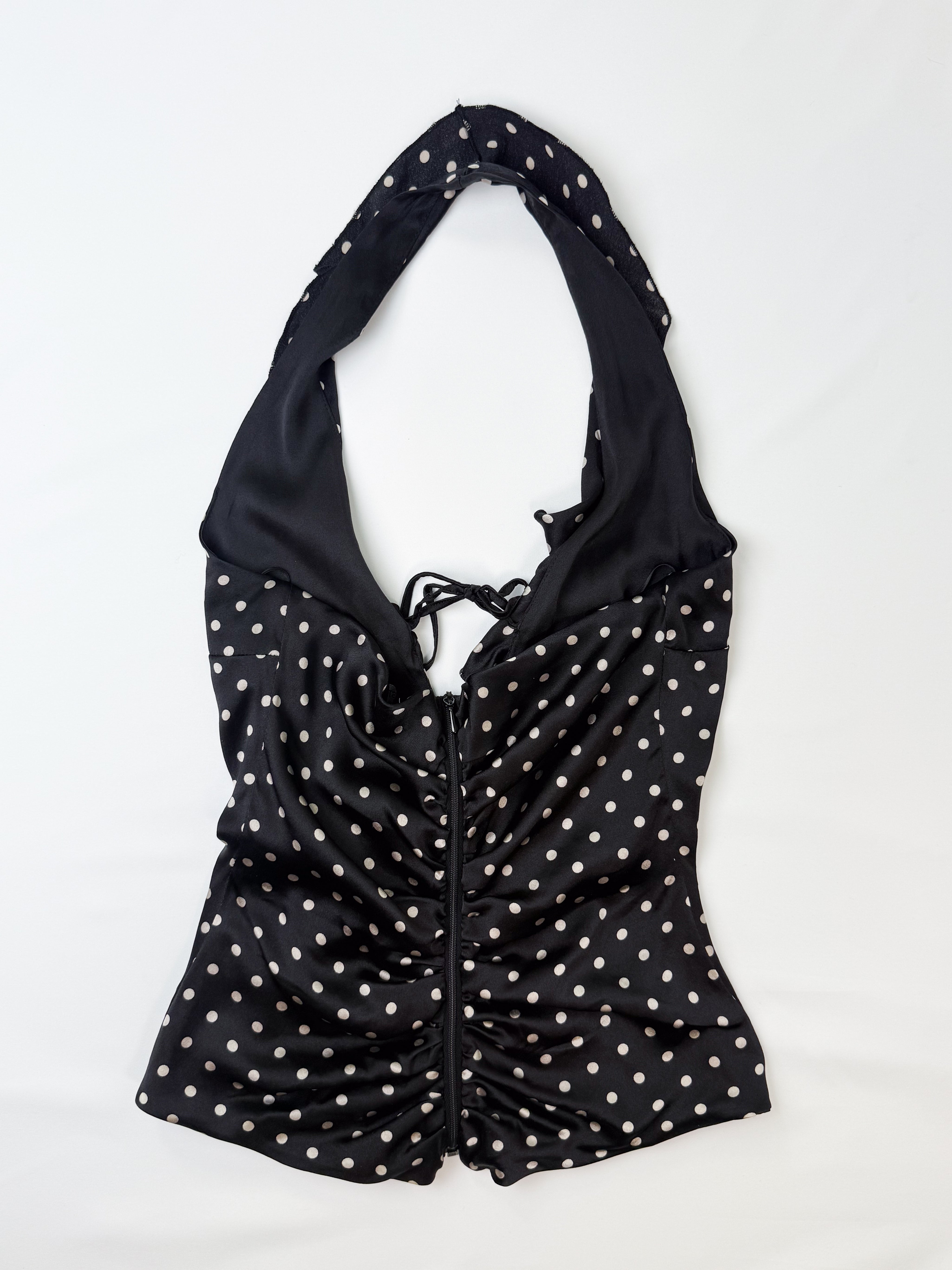 Flavio Castellani 2000s Black Polka Dot Silk Ruched Halter Top - S